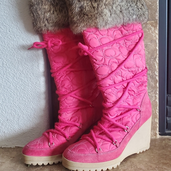 Coach Sofia boots 8 pink fur rabbit quilted heel p624 - Picture 3 of 10